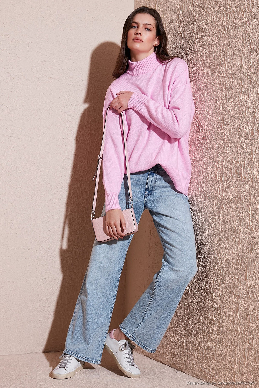 Premium Oversize Fit Balıkçı Yaka Yumuşak Dokulu Triko Kadın Kazak 680KZ00469 Şeker Pembe