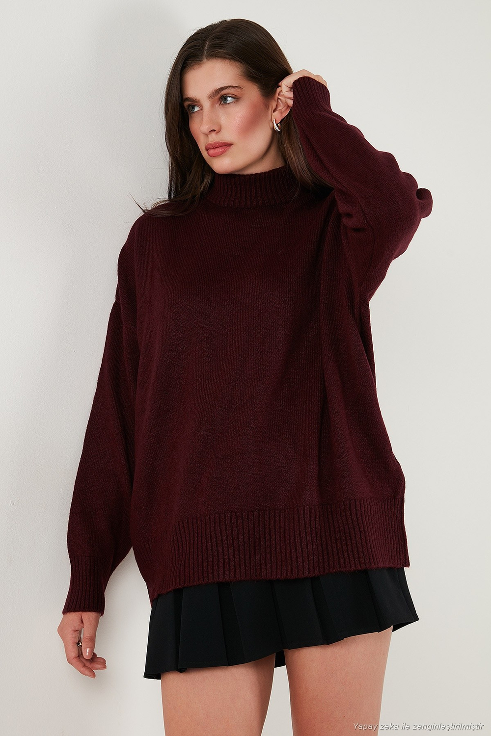 Premium Oversize Fit Balıkçı Yaka Yumuşak Dokulu Triko Kadın Kazak 680KZ00469 BORDO