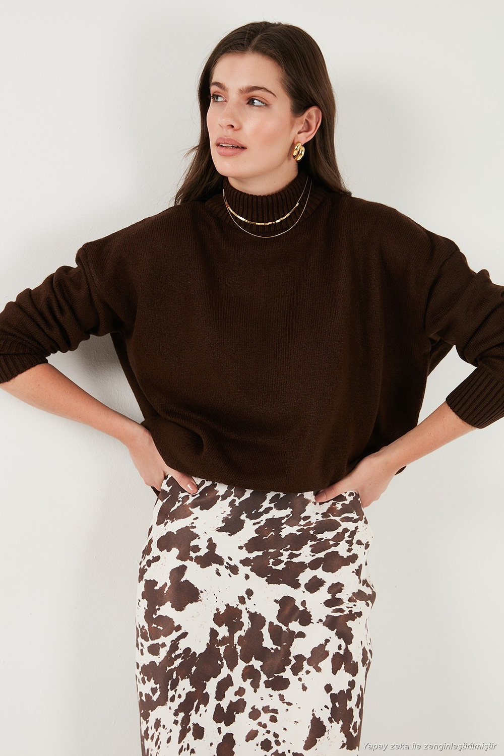 Premium Oversize Fit Balıkçı Yaka Yumuşak Dokulu Triko Kadın Kazak 680KZ00469 KAHVE