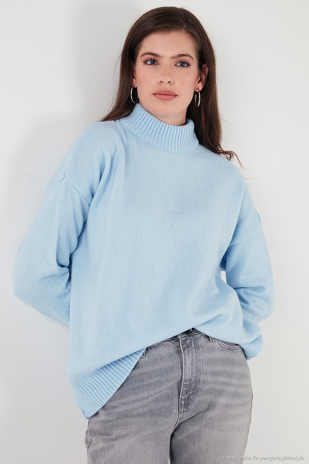 Premium Oversize Fit Balıkçı Yaka Yumuşak Dokulu Triko Kadın Kazak 680KZ00469 BEBE MAVİ