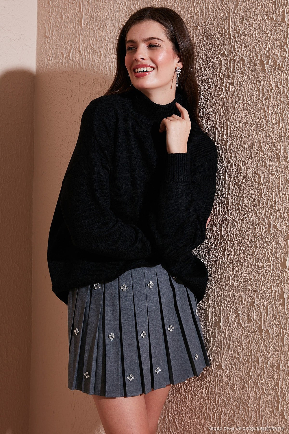 Premium Oversize Fit Balıkçı Yaka Yumuşak Dokulu Triko Kadın Kazak 680KZ00469 SİYAH