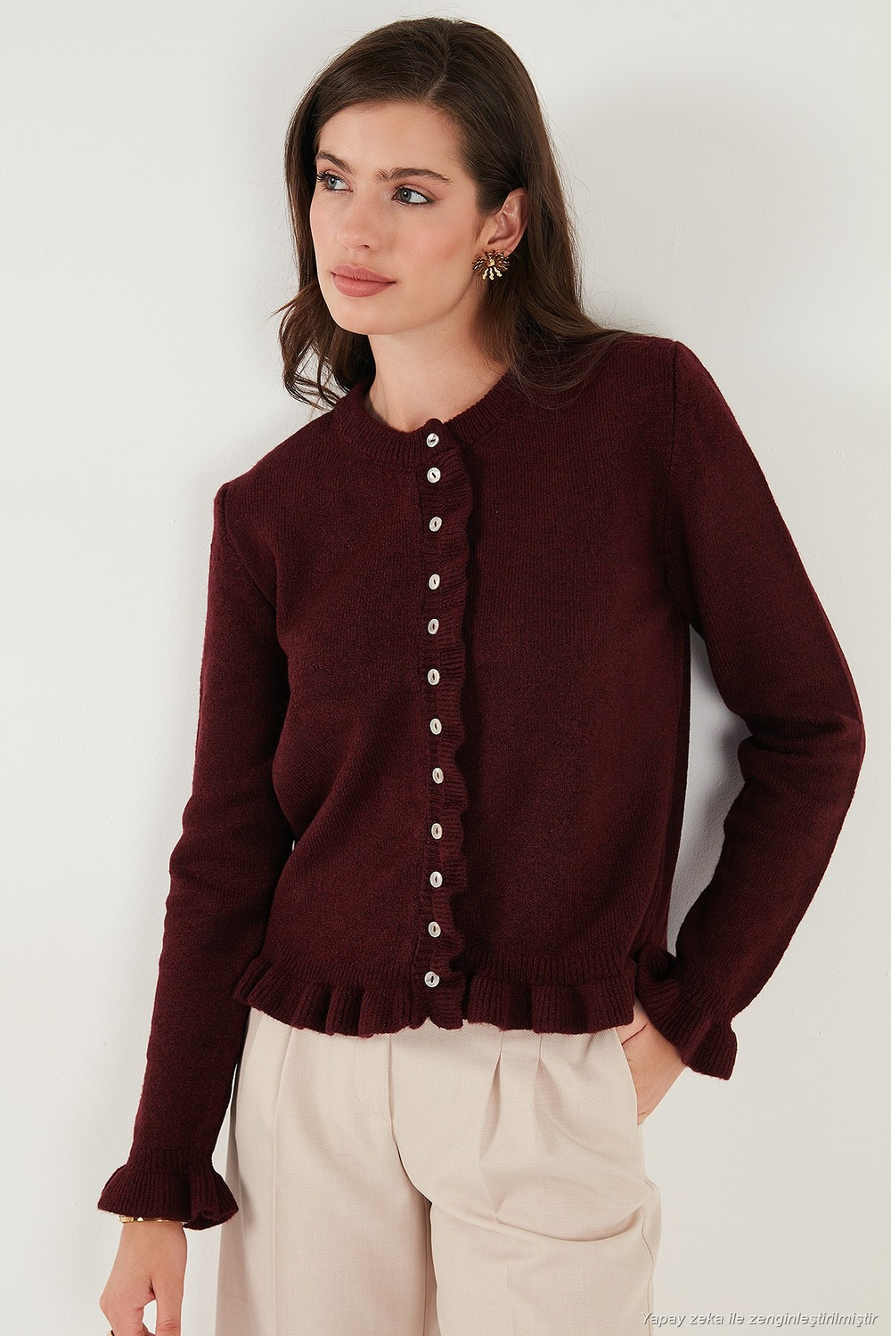Premium Pile Detaylı Regular Fit Yuvarlak Yaka Triko Kadın Hırka 680HI00038 BORDO