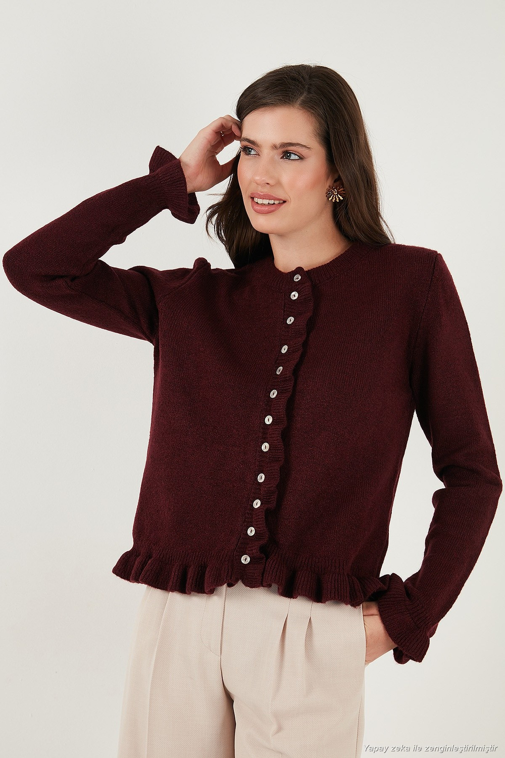 Premium Pile Detaylı Regular Fit Yuvarlak Yaka Triko Kadın Hırka 680HI00038 BORDO