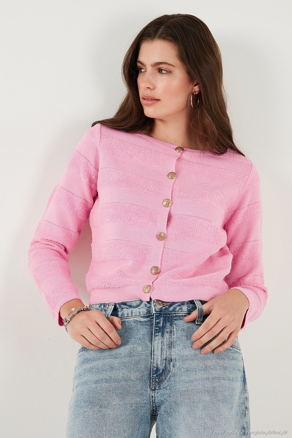 Premium Regular Fit Bisiklet Yaka Düğmeli Dokulu Triko Kadın Hırka 680HI00337 Şeker Pembe