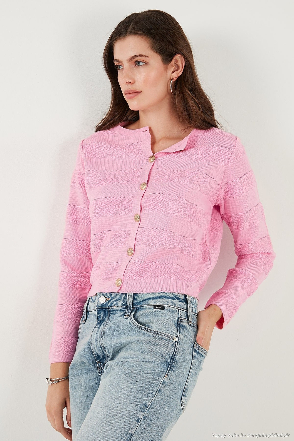 Premium Regular Fit Bisiklet Yaka Düğmeli Dokulu Triko Kadın Hırka 680HI00337 Şeker Pembe