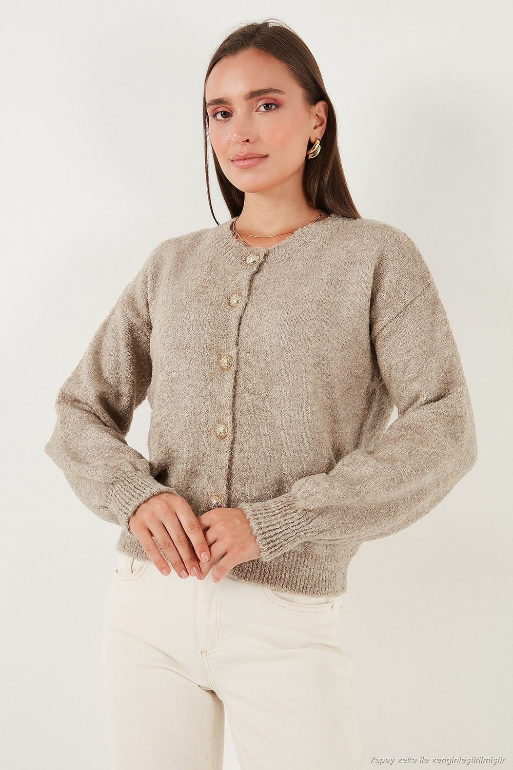 Premium Regular Fit Bisiklet Yaka Yumuşak Dokulu Kadın Hırka 680HI00147 VİZON