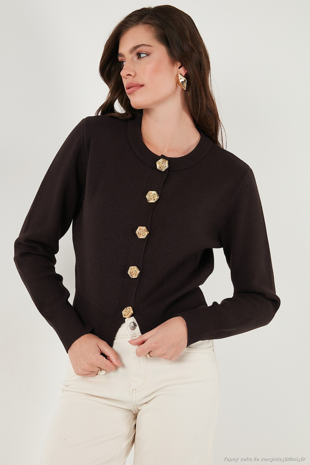 Premium Regular Fit Yuvarlak Yaka Crop Triko Kadın Hırka 680HI00110 KAHVE