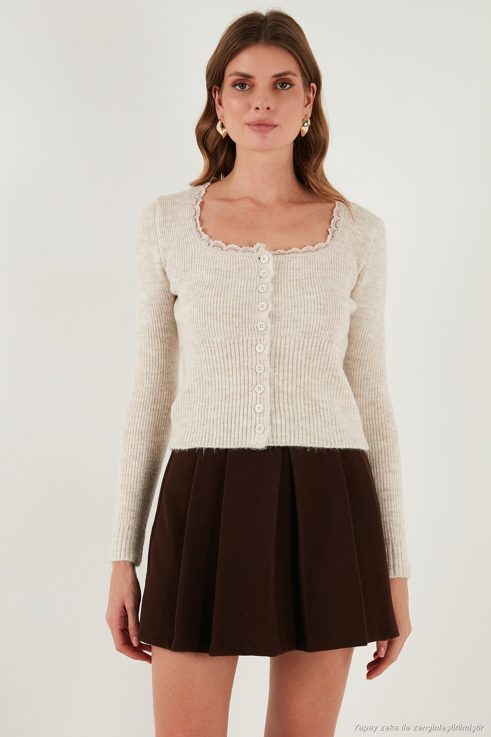 Premium Slim Fit Dantel Detaylı Yaka Örme Kadın Hırka 680HI00061 TAŞ