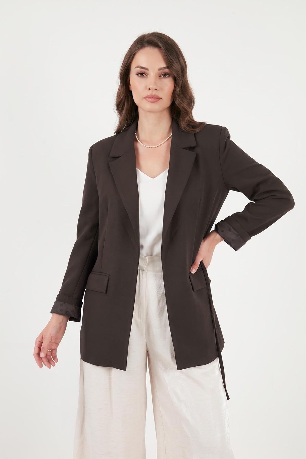 Puantiye Astarlı Belden Bağlamalı Blazer Kadın Ceket 6524049 KAHVE
