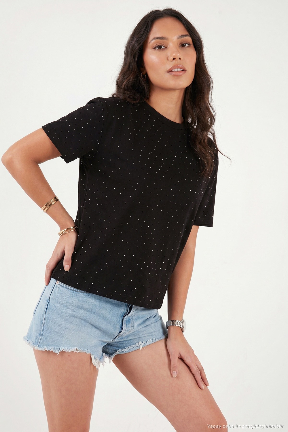 Rahat Kalıp Bisiklet Yaka Taş Detaylı Kadın T Shirt 5866943 SİYAH