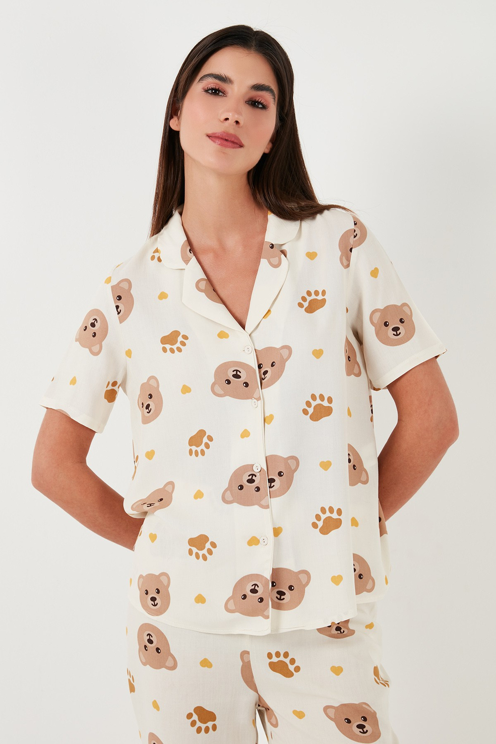 Rahat Kesim Bol Paça Mono Yaka Kısa Kollu Kadın Pijama Takımı 6110290 BEJ