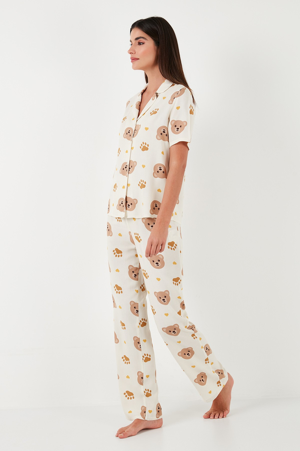 Rahat Kesim Bol Paça Mono Yaka Kısa Kollu Kadın Pijama Takımı 6110290 BEJ