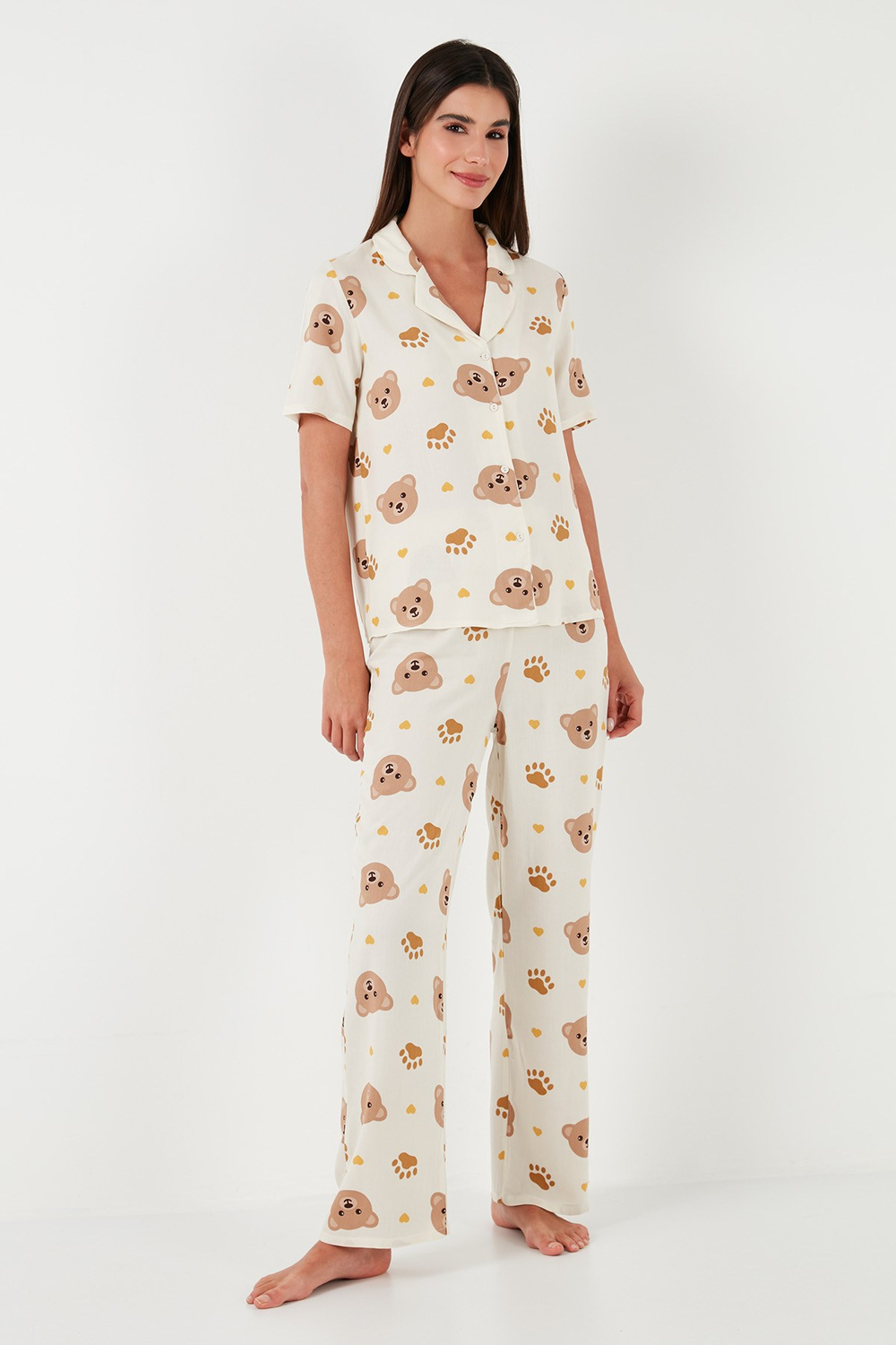 Rahat Kesim Bol Paça Mono Yaka Kısa Kollu Kadın Pijama Takımı 6110290 BEJ