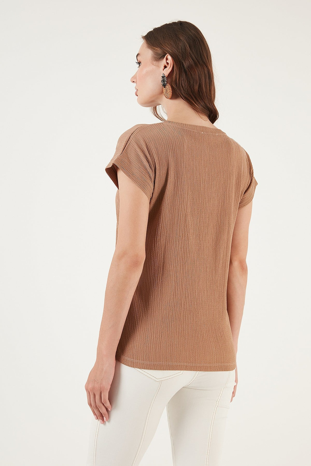 Rahat Kesim Esnek V Yaka Kadın Bluz 5865039 CAMEL