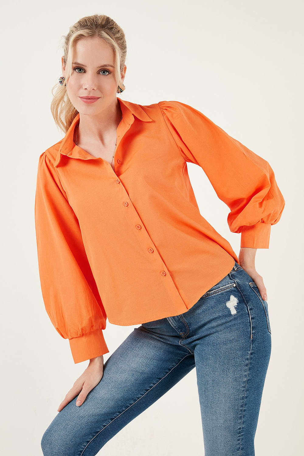 Regular Fit Balon Kollu Poplin Kadın Gömlek 611GO0153 ORANJ