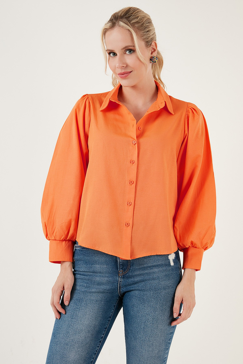 Regular Fit Balon Kollu Poplin Kadın Gömlek 611GO0153 ORANJ