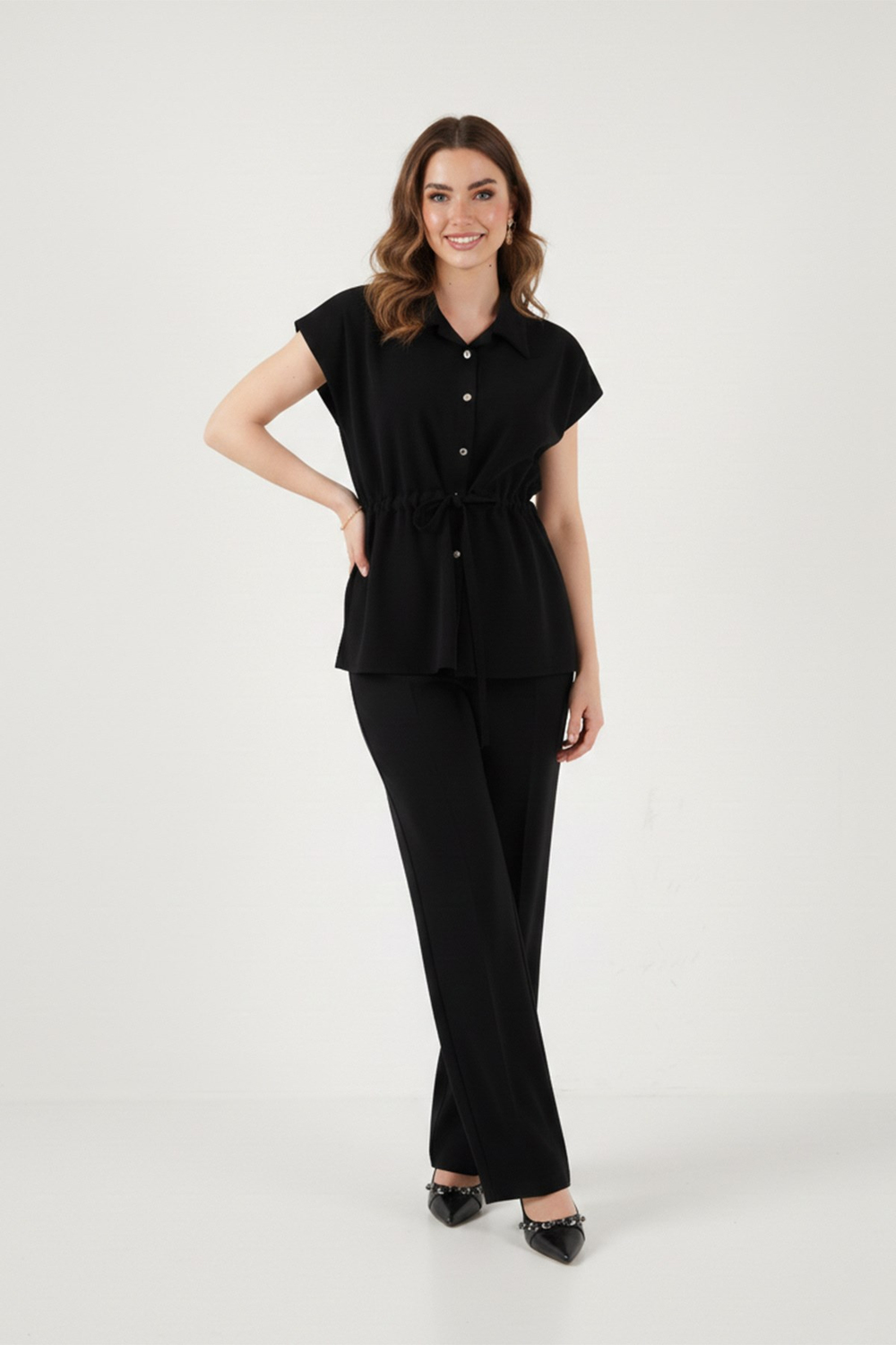 Regular Fit Beli Büzgülü Kısa Kollu Kadın Takım 6928870 SİYAH
