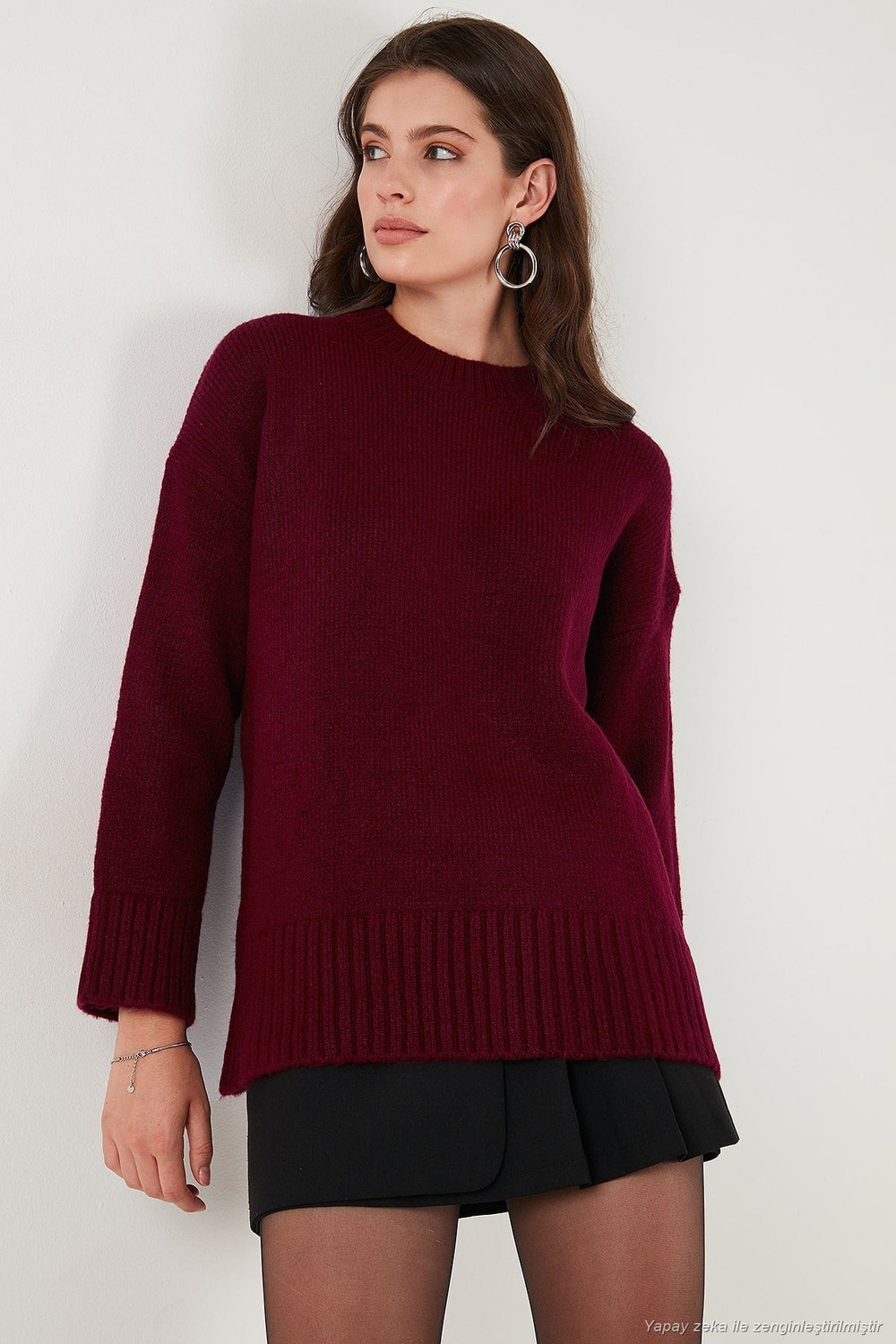 Regular Fit Bisiklet Yaka Basic Triko Kadın Kazak 4616213 BORDO