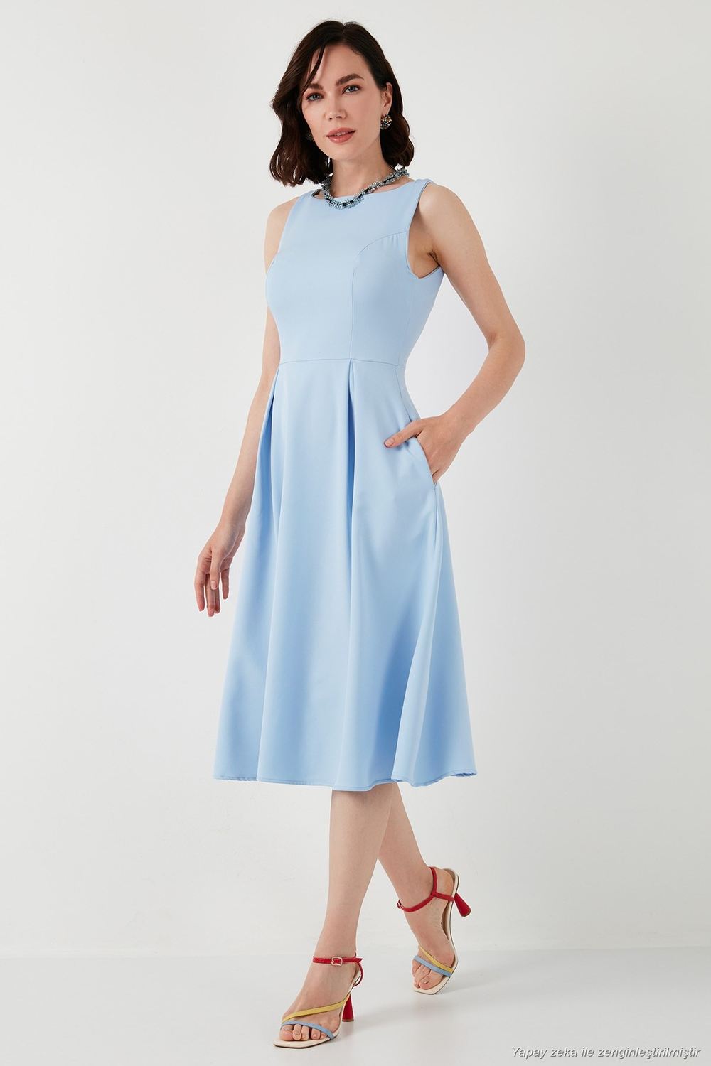 Regular Fit Bisiklet Yaka Cepli Pileli Midi Boy Abiye ve Mezuniyet Kadın Elbise 6111963 BEBE MAVİ