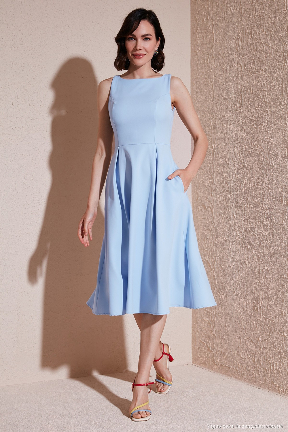 Regular Fit Bisiklet Yaka Cepli Pileli Midi Boy Abiye ve Mezuniyet Kadın Elbise 6111963 BEBE MAVİ