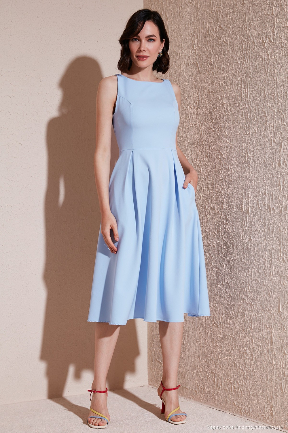 Regular Fit Bisiklet Yaka Cepli Pileli Midi Boy Abiye ve Mezuniyet Kadın Elbise 6111963 BEBE MAVİ