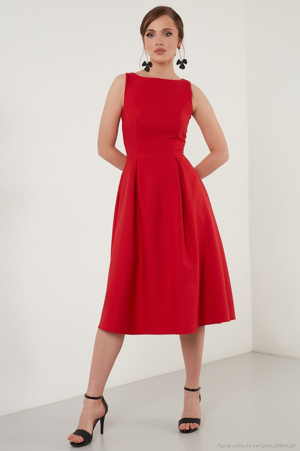 Regular Fit Bisiklet Yaka Cepli Pileli Midi Boy Abiye ve Mezuniyet Kadın Elbise 6111963 KIRMIZI