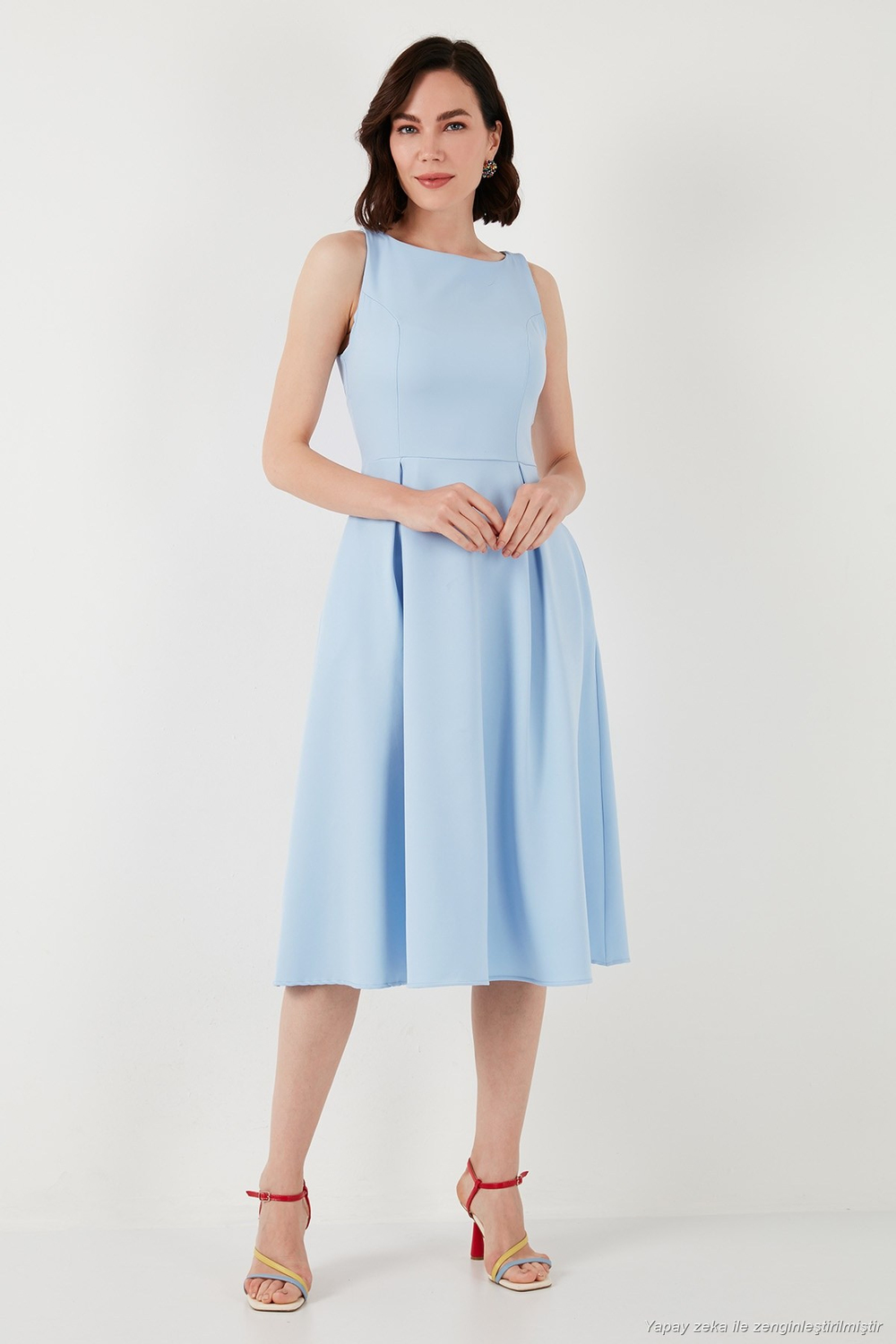 Regular Fit Bisiklet Yaka Cepli Pileli Midi Boy Abiye ve Mezuniyet Kadın Elbise 6111963 BEBE MAVİ