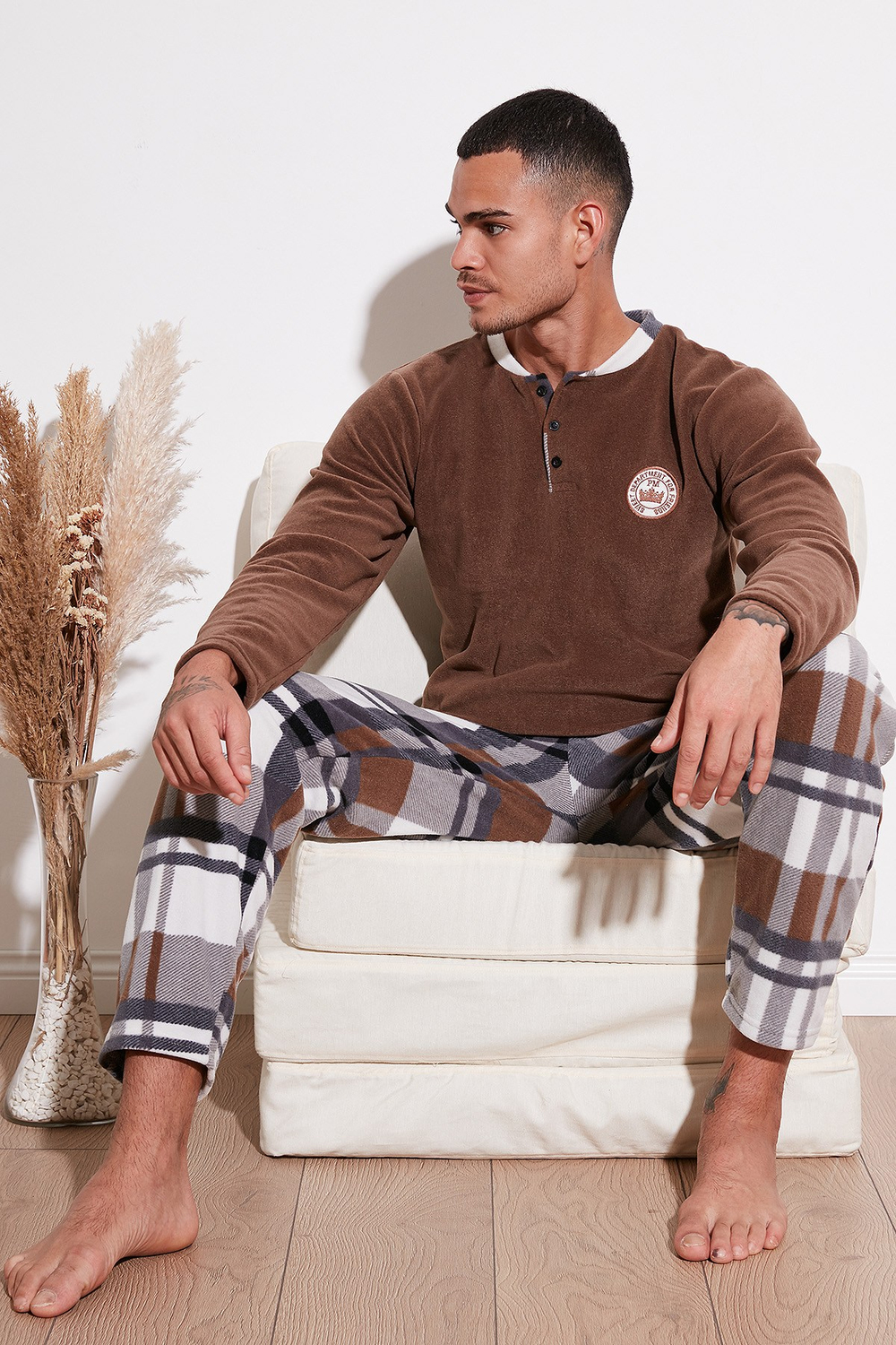Regular Fit Bisiklet Yaka Kışlık Yumuşak Dokulu Polar Erkek Pijama Takımı 6096100 CAMEL