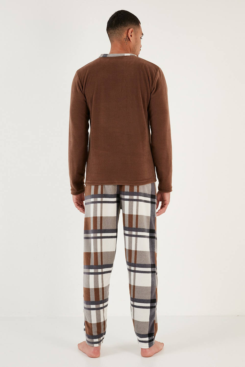 Regular Fit Bisiklet Yaka Kışlık Yumuşak Dokulu Polar Erkek Pijama Takımı 6096100 CAMEL