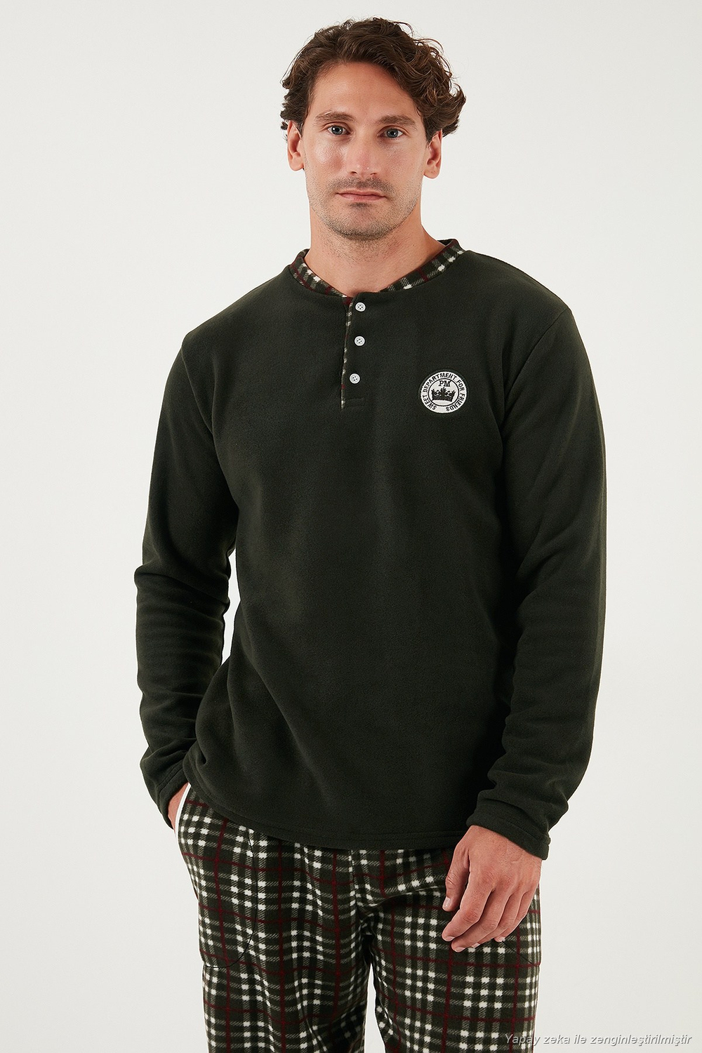 Regular Fit Bisiklet Yaka Kışlık Yumuşak Dokulu Polar Erkek Pijama Takımı 6096100 HAKİ