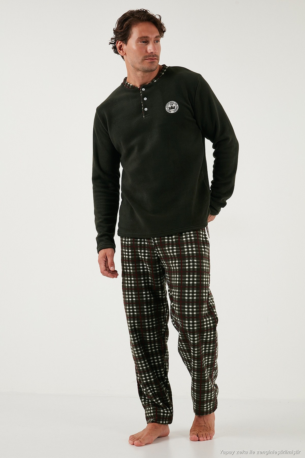 Regular Fit Bisiklet Yaka Kışlık Yumuşak Dokulu Polar Erkek Pijama Takımı 6096100 HAKİ