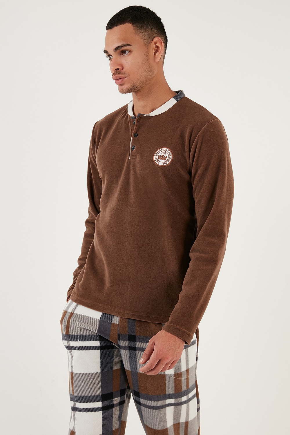 Regular Fit Bisiklet Yaka Kışlık Yumuşak Dokulu Polar Erkek Pijama Takımı 6096100 CAMEL