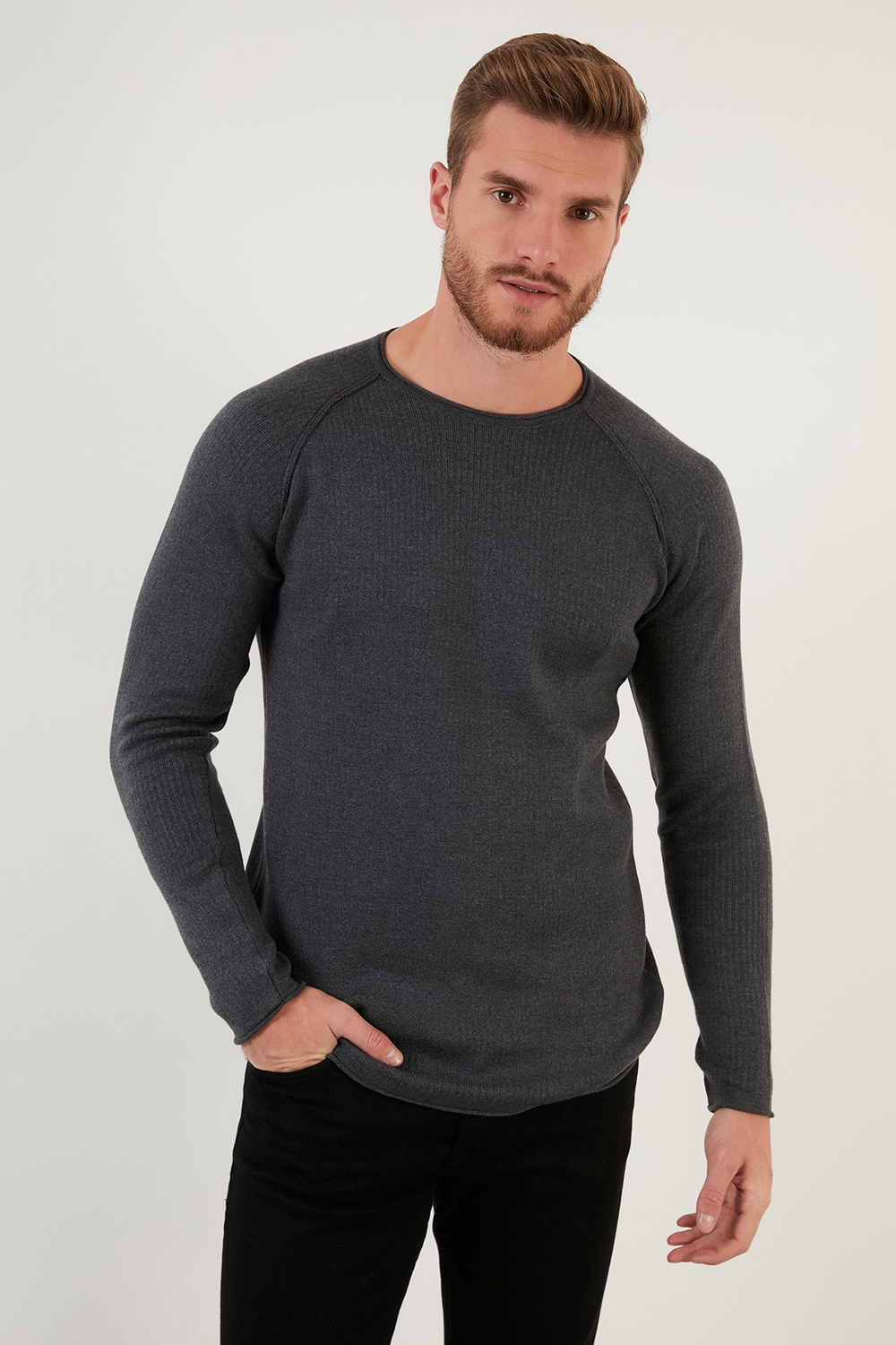 Regular Fit Bisiklet Yaka Pamuklu Erkek Kazak 6353420 ANTRASİT