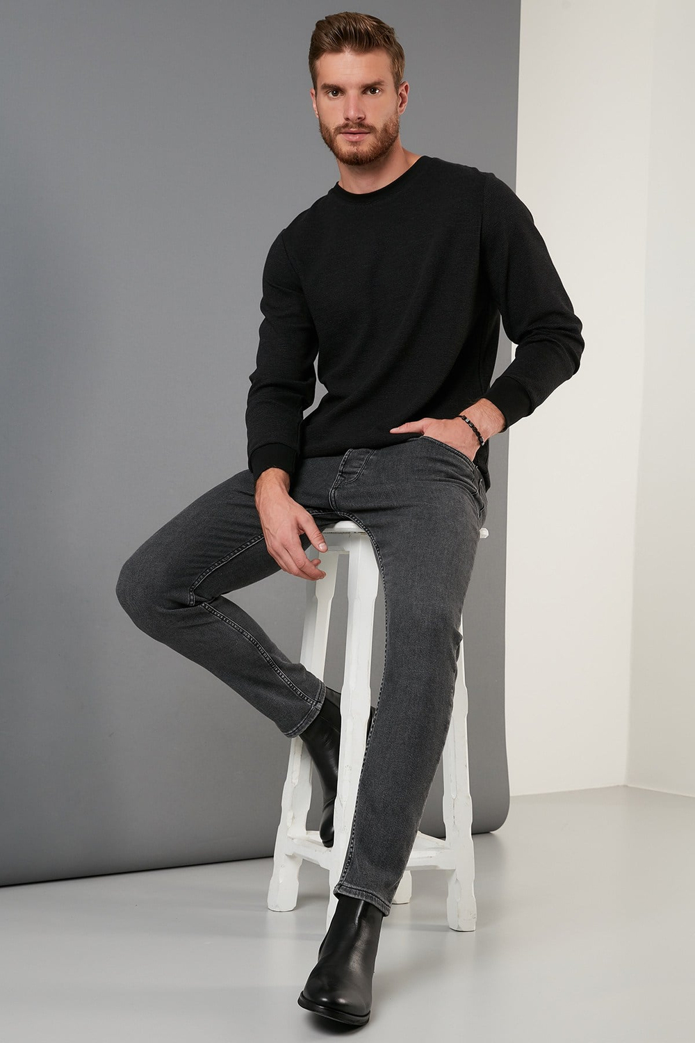 Regular Fit Bisiklet Yaka Pamuklu Erkek Sweat 5905313 SİYAH