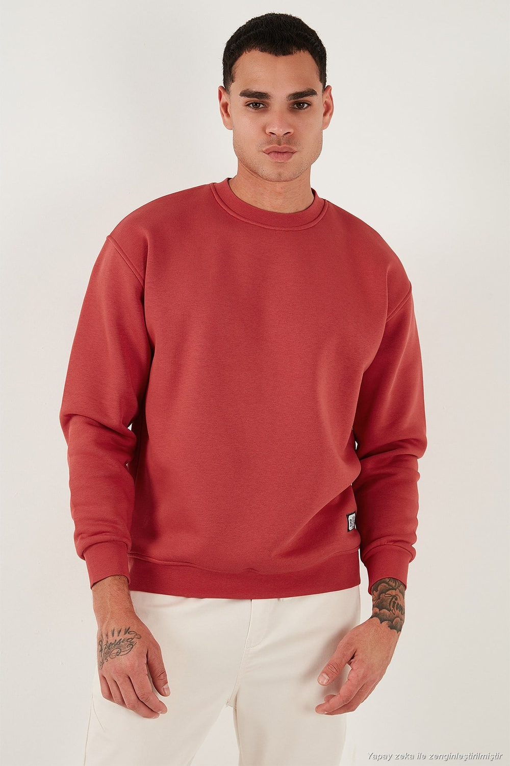 Regular Fit Bisiklet Yaka Pamuklu İçi Tüylü Yumuşak Şardonlu Erkek Sweat 59052553W4 BAYRAK KIRMIZI