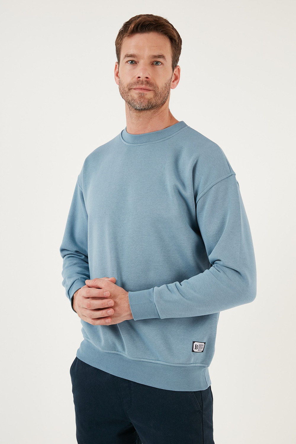 Regular Fit Bisiklet Yaka Pamuklu İçi Tüylü Yumuşak Şardonlu Erkek Sweat 5905255 MAVİ