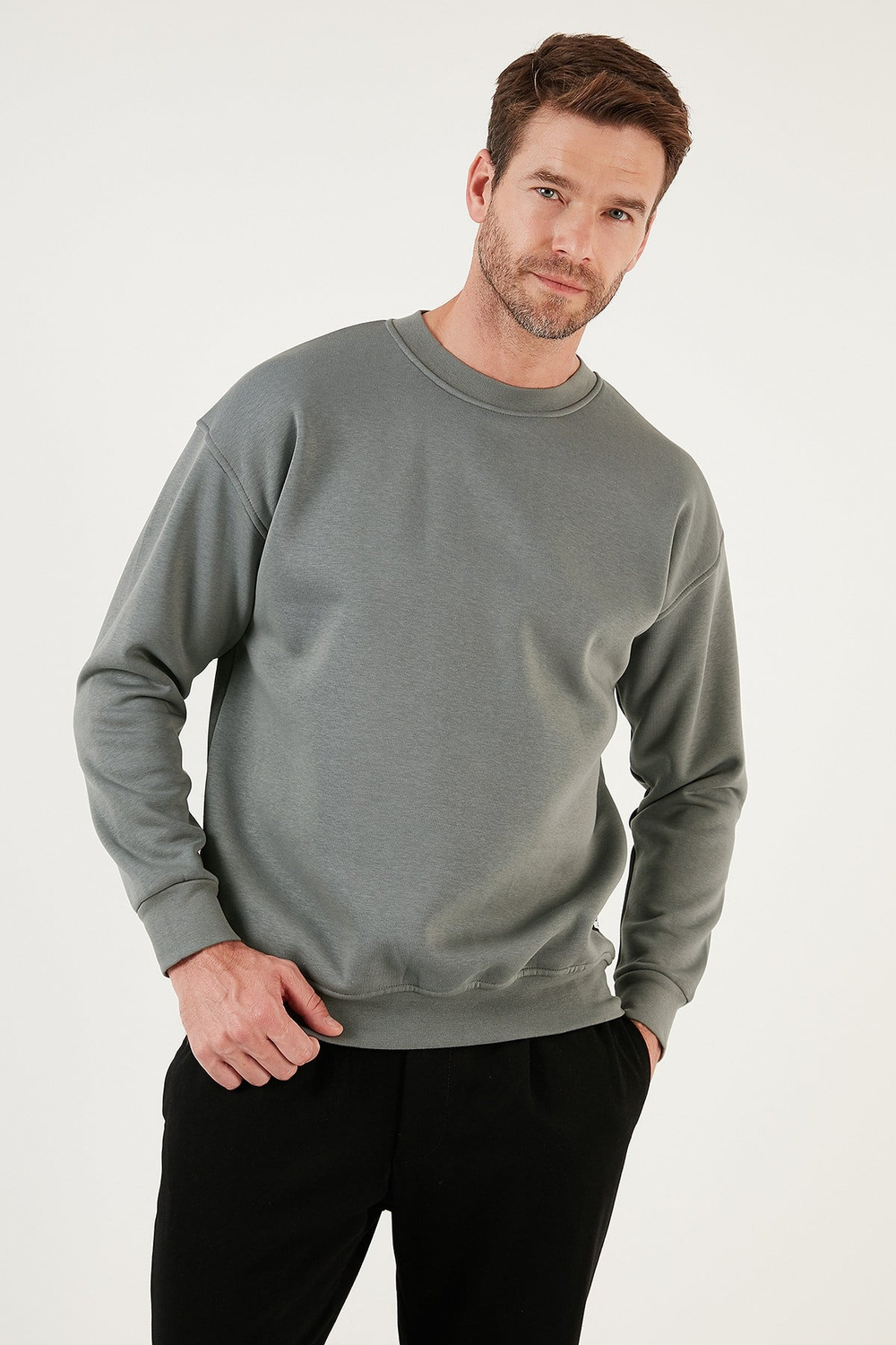 Regular Fit Bisiklet Yaka Pamuklu İçi Tüylü Yumuşak Şardonlu Erkek Sweat 5905255 AÇIK HAKİ