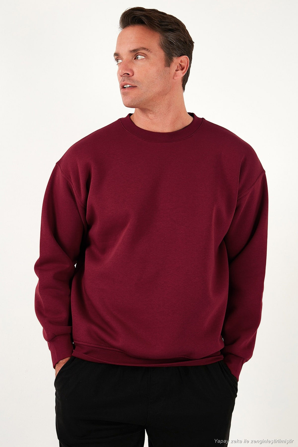 Regular Fit Bisiklet Yaka Pamuklu İçi Tüylü Yumuşak Şardonlu Erkek Sweat 5905255 BORDO