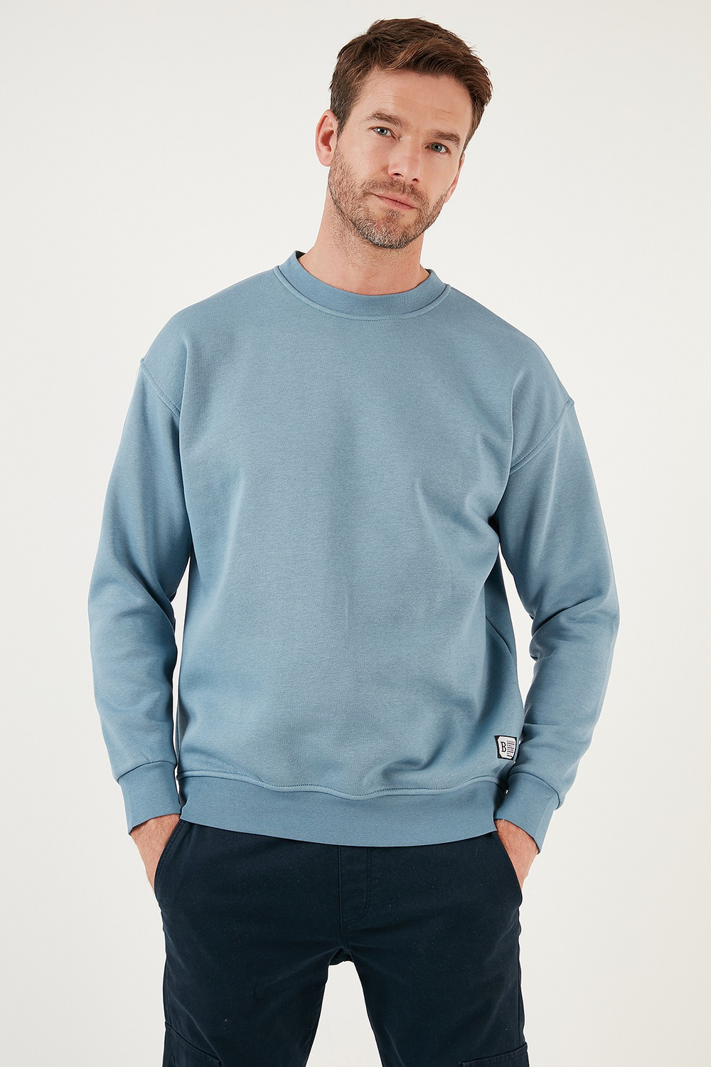 Regular Fit Bisiklet Yaka Pamuklu İçi Tüylü Yumuşak Şardonlu Erkek Sweat 5905255 MAVİ
