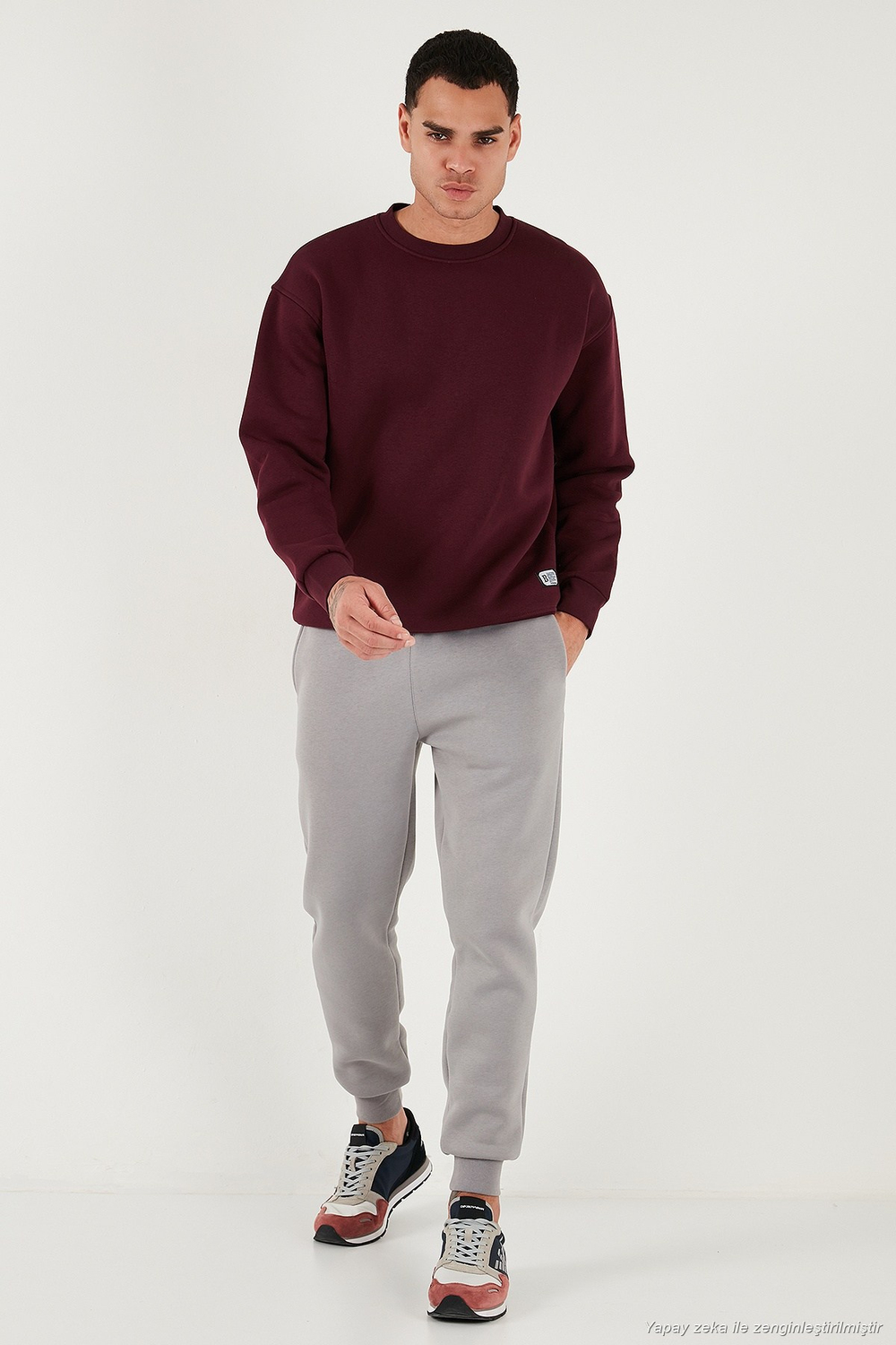 Regular Fit Bisiklet Yaka Pamuklu İçi Tüylü Yumuşak Şardonlu Erkek Sweat 5905255 VİŞNE