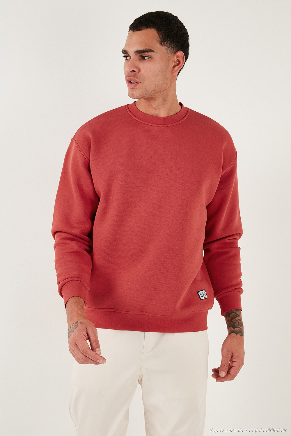 Regular Fit Bisiklet Yaka Pamuklu İçi Tüylü Yumuşak Şardonlu Erkek Sweat 59052553W4 BAYRAK KIRMIZI