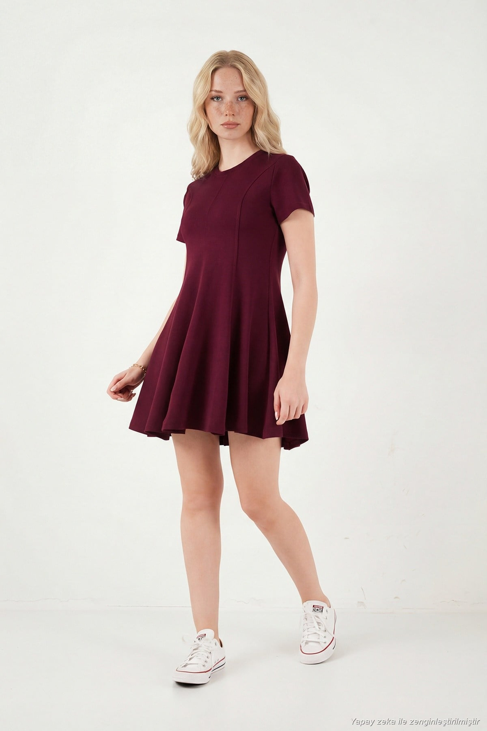 Regular Fit Bisiklet Yaka Pileli Mini Kadın Elbise 5866342 BORDO