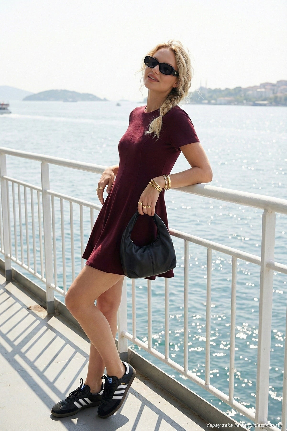 Regular Fit Bisiklet Yaka Pileli Mini Kadın Elbise 5866342 BORDO