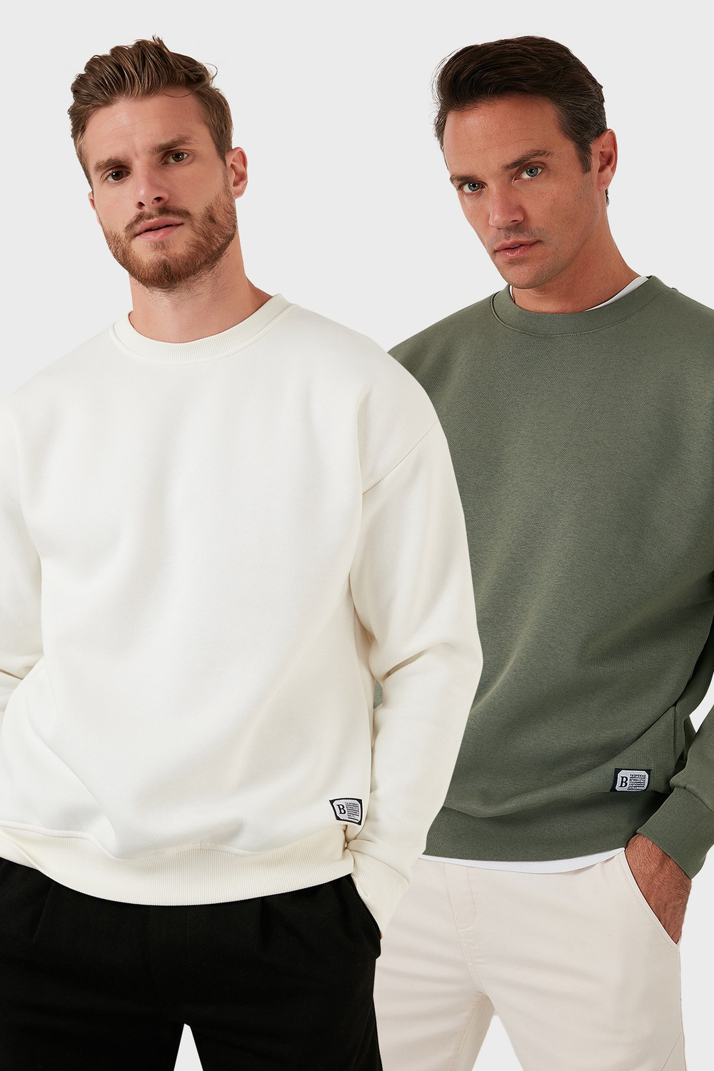 Regular Fit Bisiklet Yaka Şardonlu 2li Paket Erkek Sweat 5905255S2 Ekru-Haki