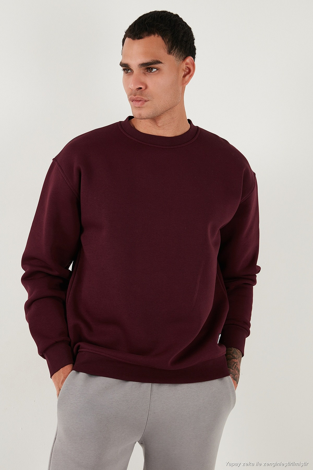 Regular Fit Bisiklet Yaka Şardonlu 2li Paket Erkek Sweat 5905255S2 Açık Gri-Vişne