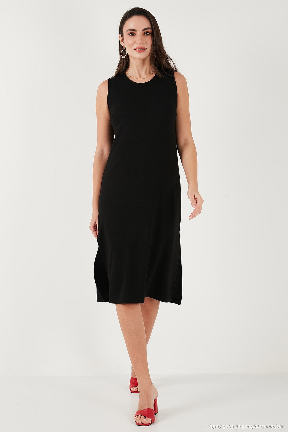 Regular Fit Bisiklet Yaka Yırtmaç Detaylı Basic Midi Kadın Elbise 5866160 SİYAH