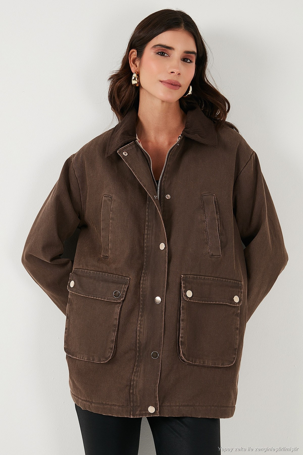 Regular Fit Ceket Yaka Kadife Ekose Astarlı Ceket Kadın Mont 6810330 KAHVE