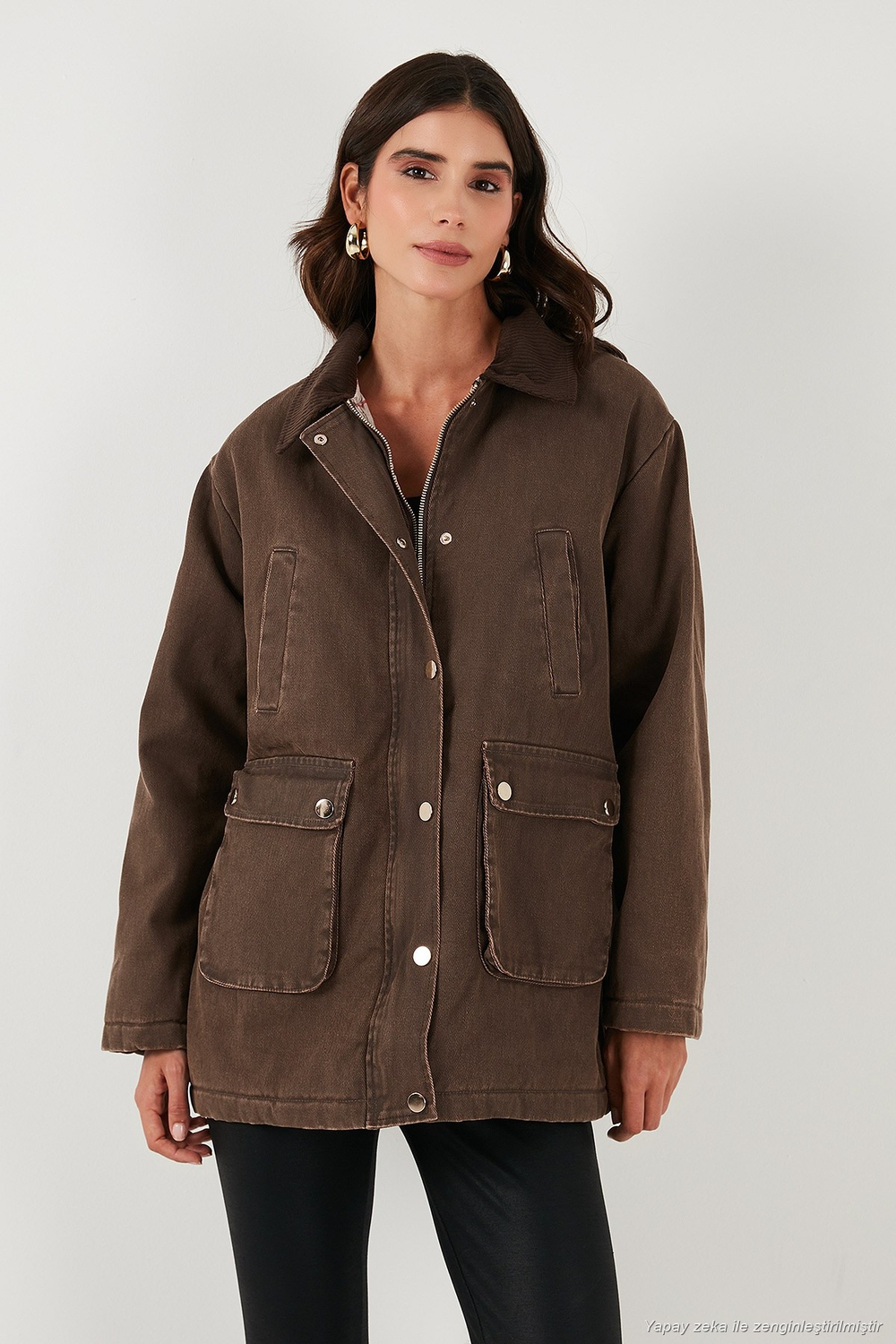 Regular Fit Ceket Yaka Kadife Ekose Astarlı Ceket Kadın Mont 6810330 KAHVE