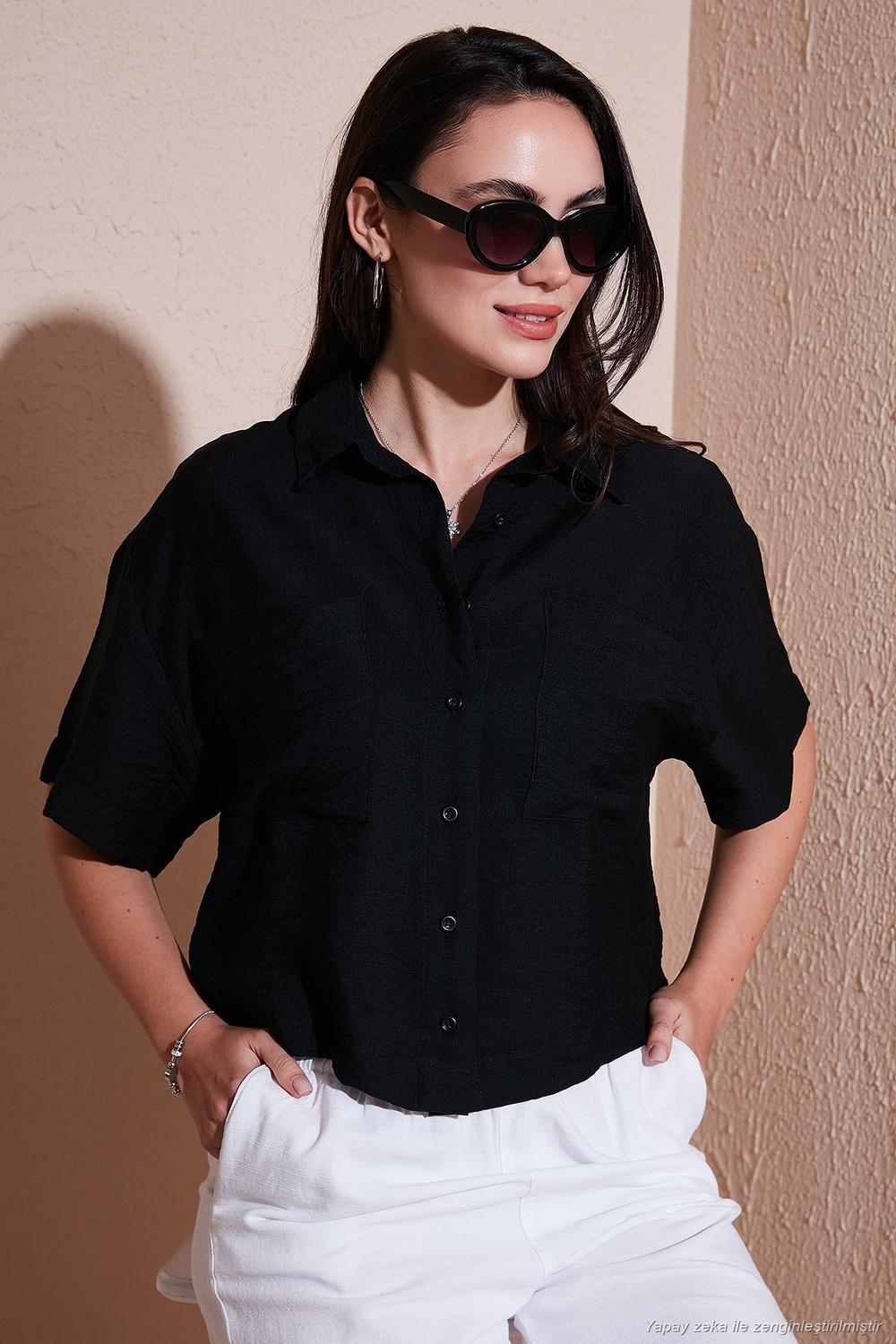 Regular Fit Cep Detaylı Kısa Kollu Kadın Gömlek 6778568 SİYAH