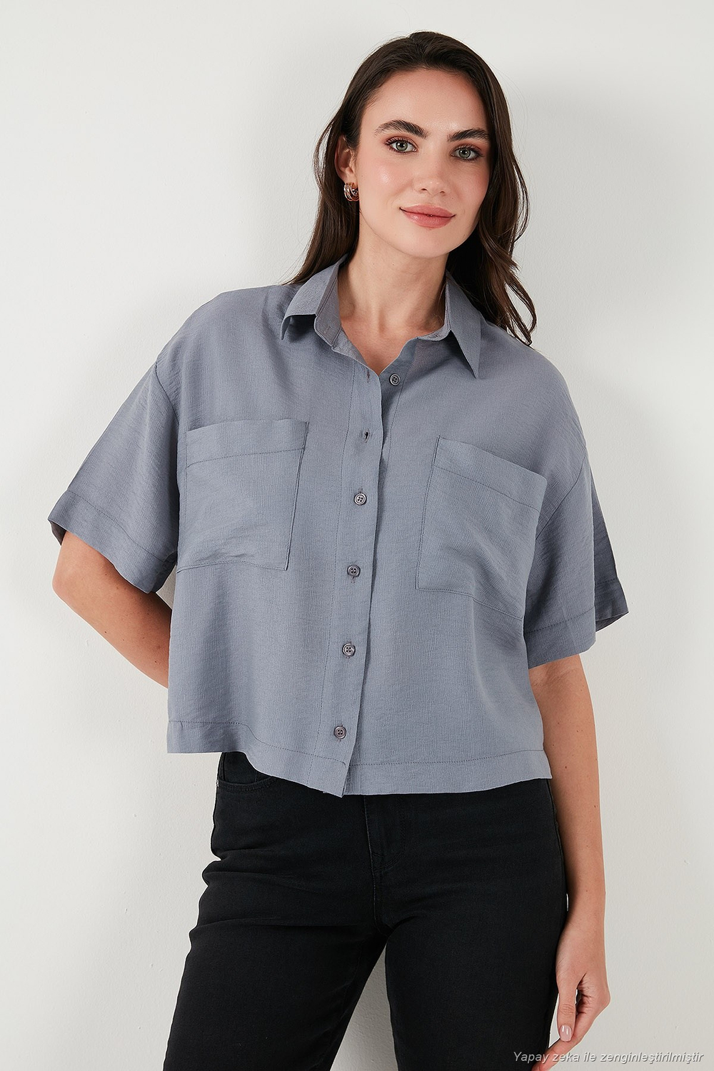 Regular Fit Cep Detaylı Kısa Kollu Kadın Gömlek 6778568 GRİ
